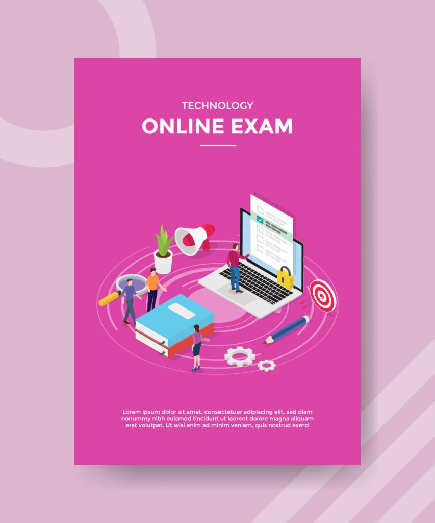 technology online exam people standing near book laptop for template of banner and flyer for printing magazine cover and poster with flat cartoon style