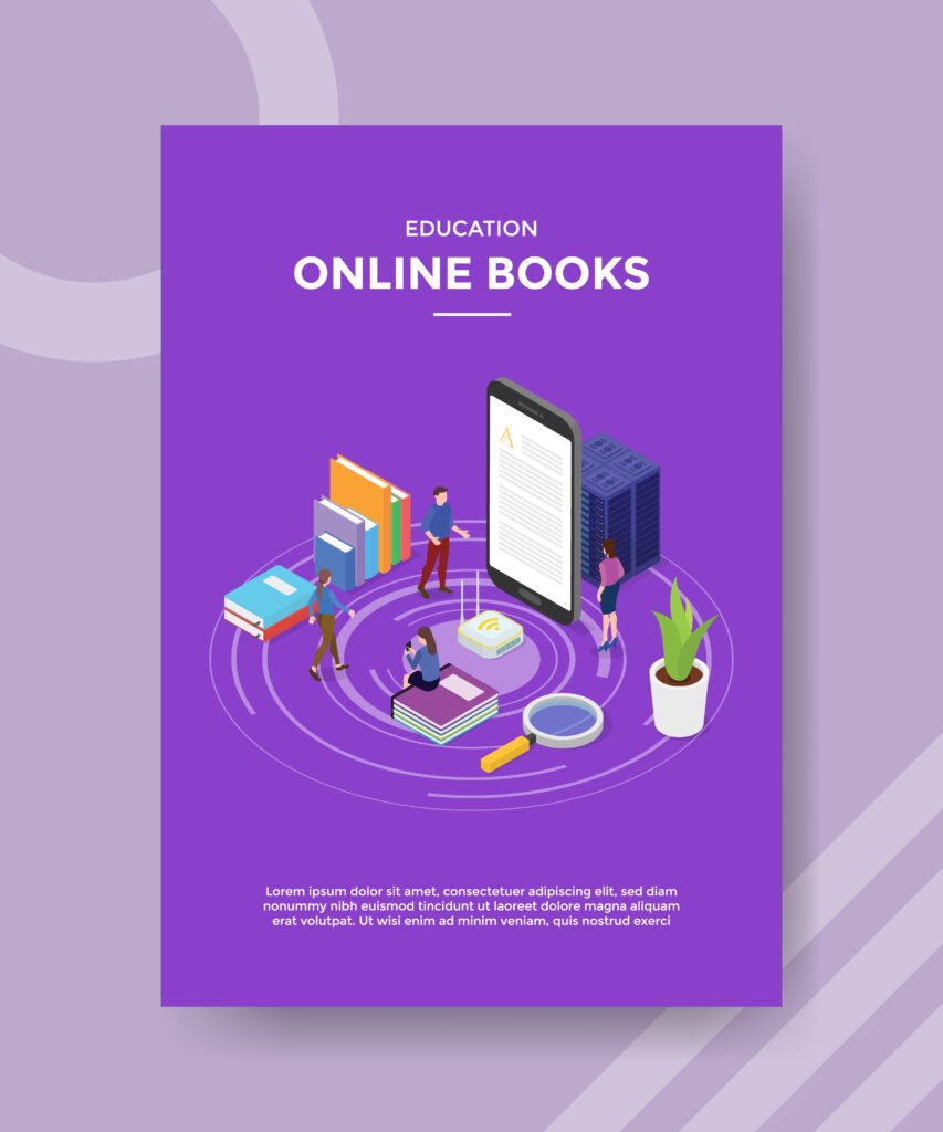 education online books people around smartphone stack book router server for template of banners, flyer, books cover, magazines with liquid shape style vector design